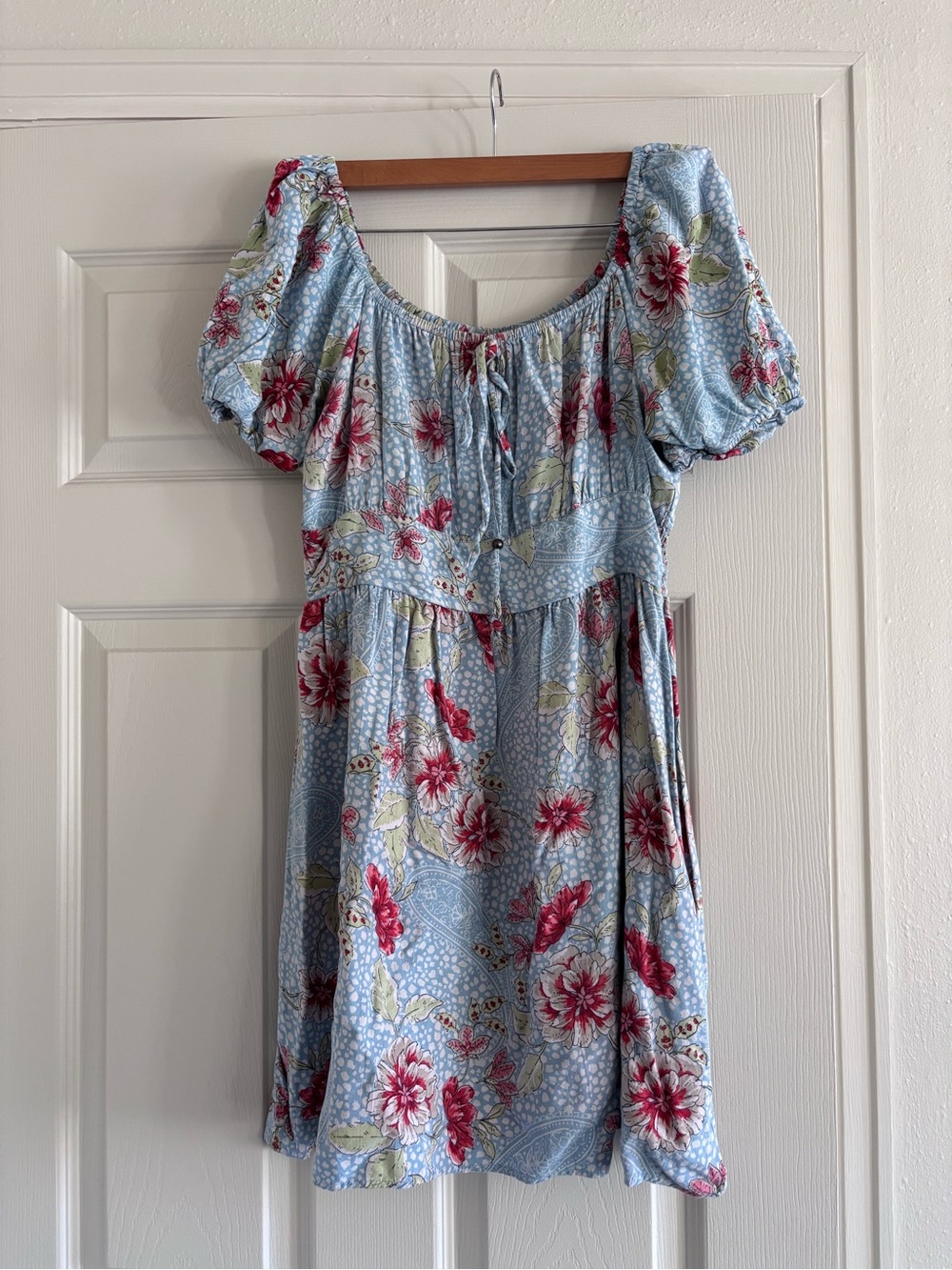 Nostalgia Light Blue Floral Puff Sleeve Dress with Red Blooms